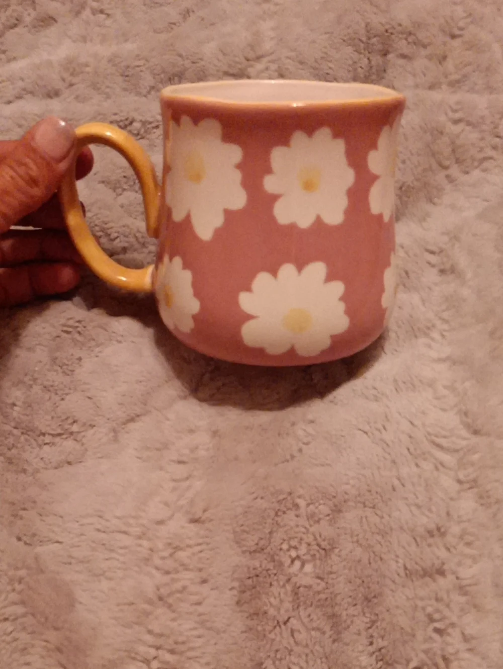 Pink Floral Ceramic Mug with Yellow Handle - Home Accents